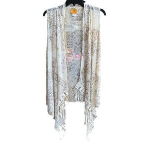 Ruby Rd. bohemian fringe kimono duster Neutral tan print vest festival NWT Sz S